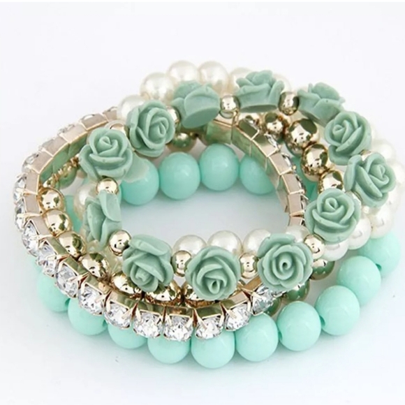 Five-piece gold-plated Crystal Teal Pearl stacked flower bracelets BOGO - Picture 9 of 15